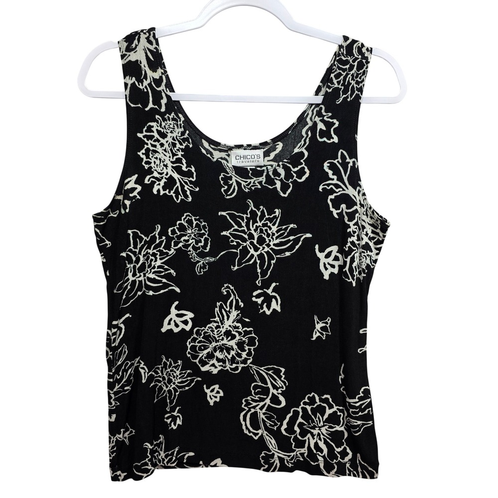 Chicos Travelers Slinky Tank Top Womens 2‎ Large Floral Sketch Scoop Neck Black